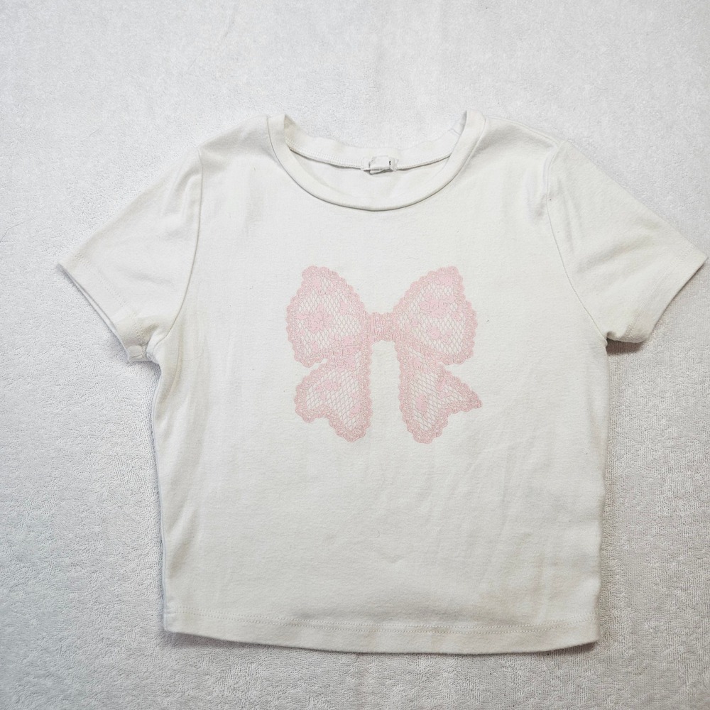 Garage Womens Cropped Graphic T-Shirt White Pink Lace Bow Size S